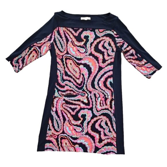 Banana Republic Navy Blue Paisley Sheath Dress Size Medium Stretch Boatneck Knee - Picture 1 of 16